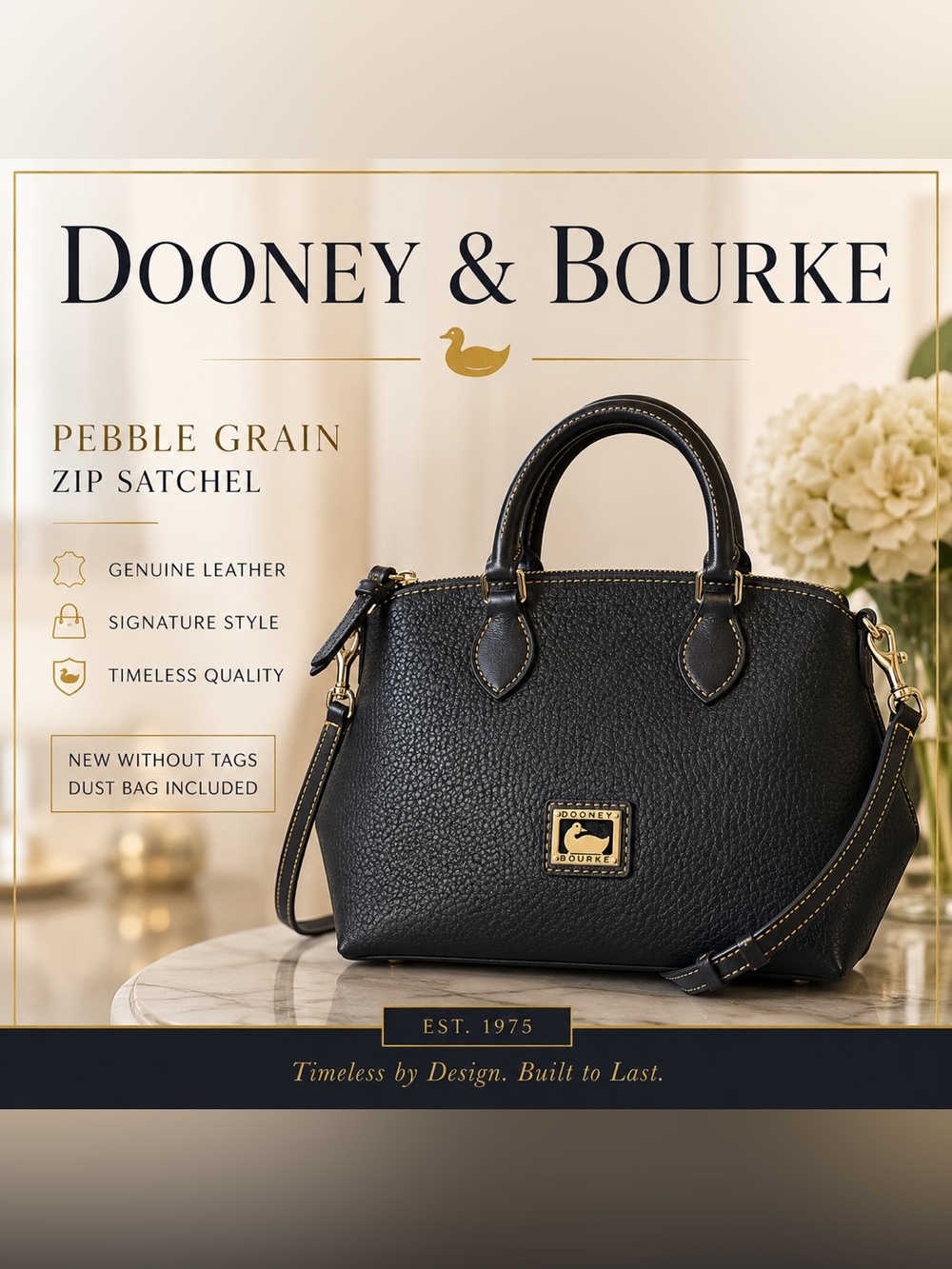 NEW…Dooney & Bourke Black Pebble Grain Satchel with Gold Hardware